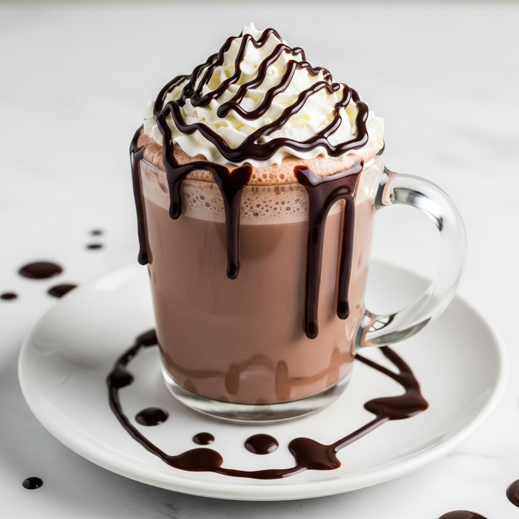 A clear glass mug with a handle is filled three-quarters with rich, smooth brown hot chocolate. On top, there is a large swirl of white whipped cream covering the drink's surface, drizzled with thick, dark chocolate sauce that also drips slightly down the glass sides. The mug sits on a white plate with scattered drops of chocolate sauce, all placed on a white marbled surface. The background is softly blurred to focus on the drink. photo taken with an iphone --ar 4:5 --v 7