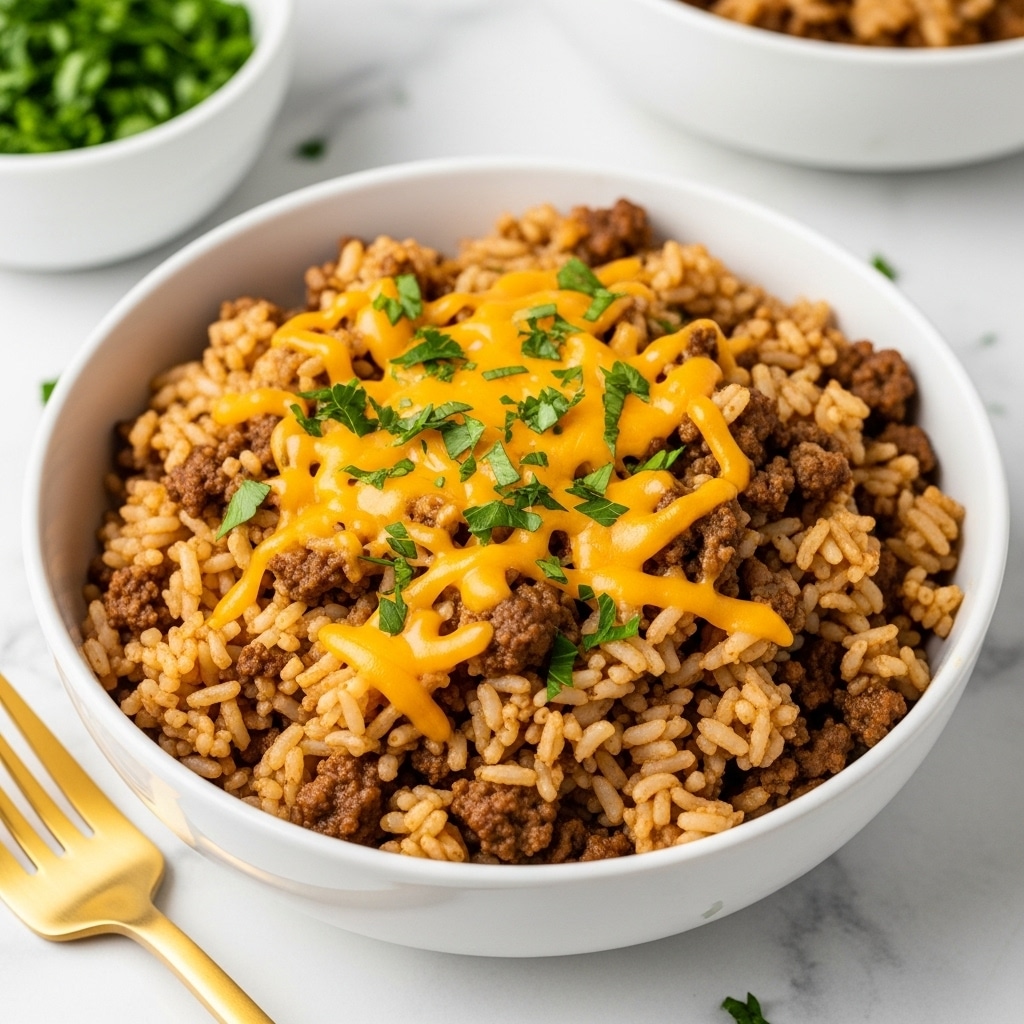 A white bowl filled with a rice and ground beef mix, showing about two layers where the first layer is brownish cooked rice mixed with small bits of browned ground beef, and the top layer is melted yellow cheddar cheese scattered unevenly with fresh green chopped parsley sprinkled over everything, sitting on a white marbled surface with a golden fork nearby, and part of another white bowl filled with fresh green chopped herbs visible in the background, photo taken with an iphone --ar 4:5 --v 7