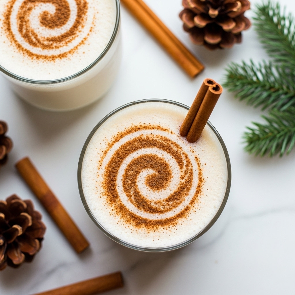 The image shows two clear glasses filled with a creamy light beige drink topped with a frothy layer of foam. One glass is centered with a cinnamon stick standing vertically on the right side, while a dusting of cinnamon powder is sprinkled in an artistic swirling pattern on the foam surface. The second glass is partially visible in the upper left, also topped with foam and sprinkled cinnamon. Around the glasses are some cinnamon sticks, brown pine cones, and a small green pine branch placed on a white marbled texture surface. Photo taken with an iphone --ar 4:5 --v 7