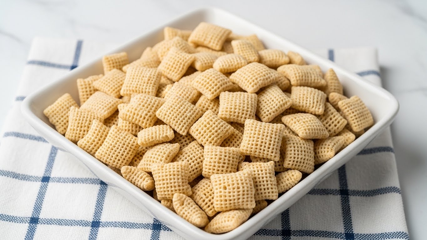 A close-up view of a white square dish filled with a single layer of light beige, puffed, square cereal pieces that have a slightly rough texture and small perforations. The dish rests on top of a white cloth with a blue checked pattern, and the background is a white marbled texture. photo taken with an iphone --ar 4:5 --v 7