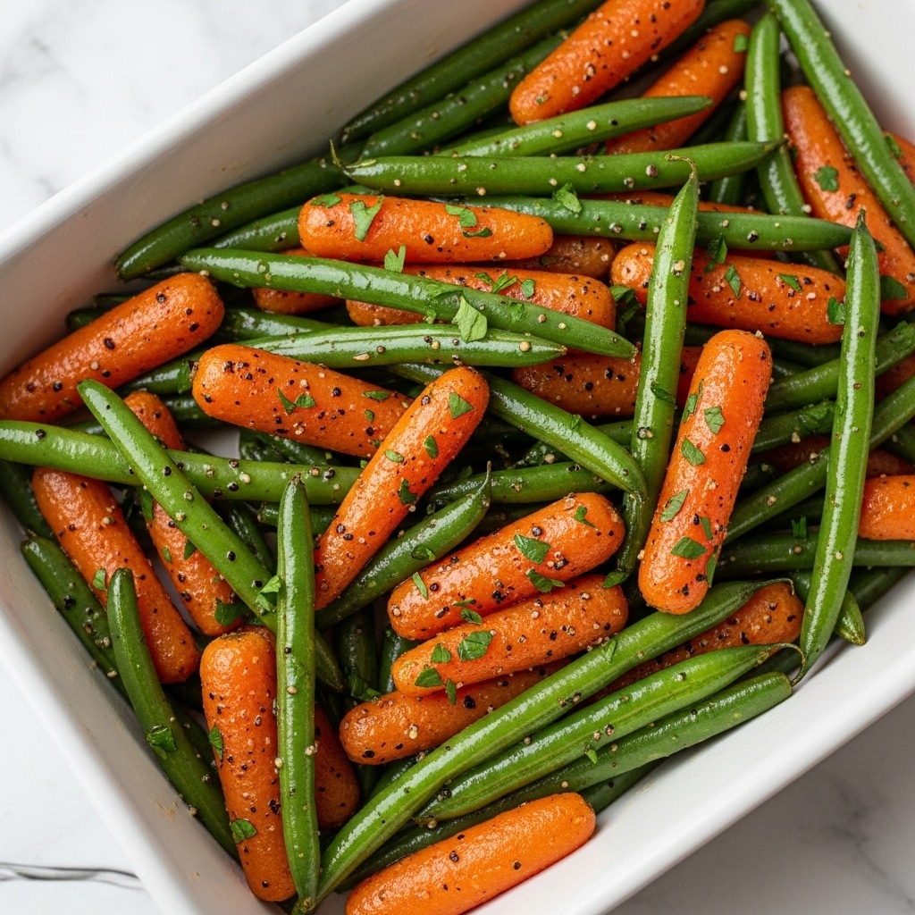 The dish shows a close-up of roasted vegetables in a white rectangular dish, mainly made up of orange baby carrots and green beans. The vegetables are coated with a shiny glaze of oil and herbs, with visible black pepper and small green chopped herbs sprinkled all over. The carrots are thick and soft looking with a slightly browned texture in some parts, while the green beans are long and firm with a bright green color. All vegetables are mixed closely together, creating a richly colored and textured pile on a white marbled background. photo taken with an iphone --ar 4:5 --v 7