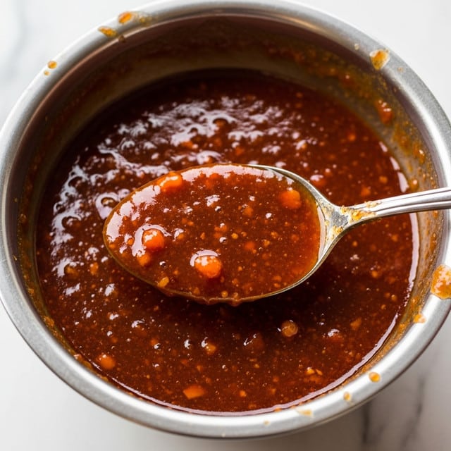 A close-up image showing a shiny, thick reddish-brown sauce with small chunks mixed throughout, sitting in a metal bowl with a slightly stained rim. A silver spoon is scooping some of the sauce, reflecting light and showing its smooth yet textured nature. The sauce's surface has a glossy look with visible sparkles and bubbles, creating an oily, rich texture. The photo is taken over a white marbled texture. photo taken with an iphone --ar 4:5 --v 7