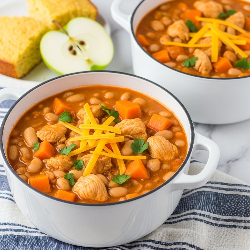 The image shows two white pots filled with a thick stew made of large pale beans, chunks of soft orange sweet potatoes, and pieces of light brown chicken in a creamy orange sauce. On top, there are thin, bright yellow cheese strips scattered with small green parsley leaves for garnish. Both pots are placed on a white marbled surface with a blue and white striped cloth underneath the pot in the foreground. In the background, a sliced green apple and a piece of golden cornbread add extra detail to the scene. Photo taken with an iphone --ar 4:5 --v 7