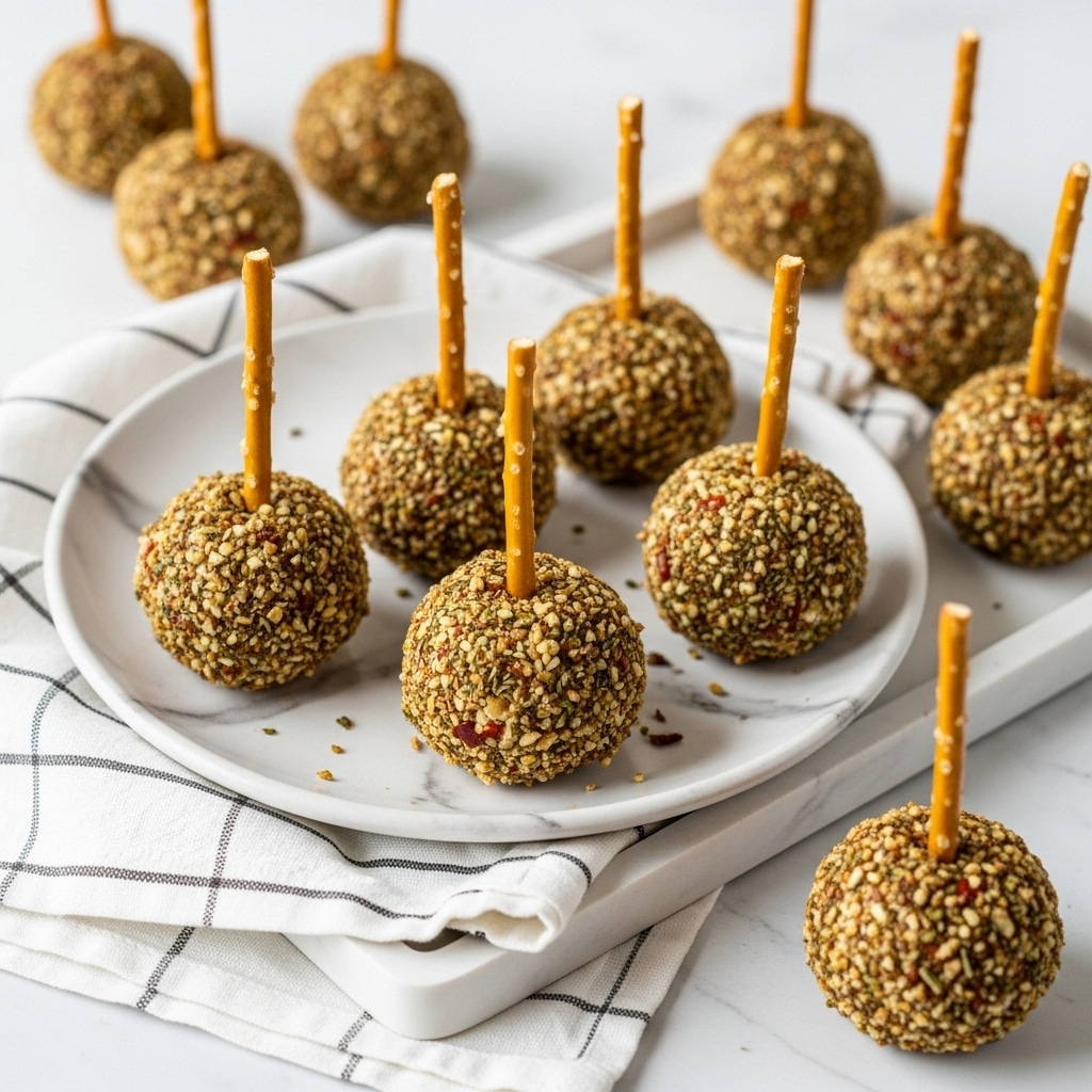 The image shows nine round cheese balls covered with chopped nuts and herbs, each with a pretzel stick inserted vertically in the center. Three cheese balls are placed close together on a white marbled plate, which rests on a white marbled tray. The other six cheese balls are spread around the tray. A white cloth with gray dashed lines is partially under the plate, and the whole setting is on a white marbled surface. The nuts coating the cheese balls have a mix of brown, beige, and green colors with visible bits of herbs and small red pieces. The pretzel sticks are light brown with white salt spots. photo taken with an iphone --ar 4:5 --v 7