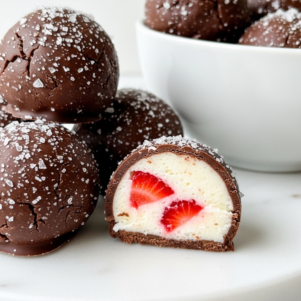 The image shows chocolate-covered treats with a rough dark brown outer layer sprinkled with coarse sea salt. One treat is cut open, displaying a creamy white filling mixed with bright red strawberry pieces inside. The shape of the treats is slightly irregular and rounded. They are placed on a white marbled surface next to a white bowl. photo taken with an iphone --ar 4:5 --v 7