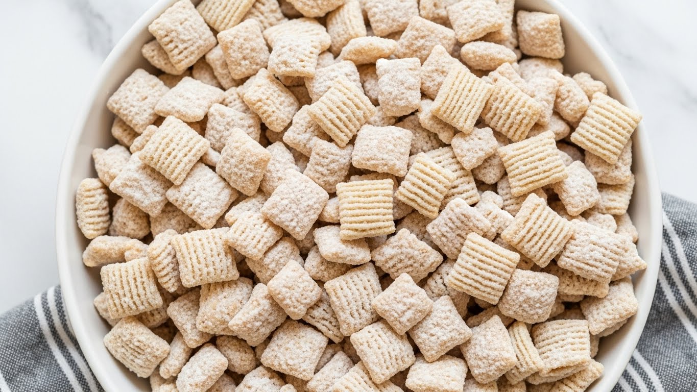 The image shows a close-up of a white dish filled with a mixture of light beige square cereal pieces, looking crunchy and coated with a powdery white layer. The cereal pieces have a slight textured pattern and vary slightly in shade from pale beige to off-white, giving a crunchy, powdered look. The dish is placed on a white marbled surface with a corner of a gray and white striped cloth visible at the bottom. photo taken with an iphone --ar 4:5 --v 7