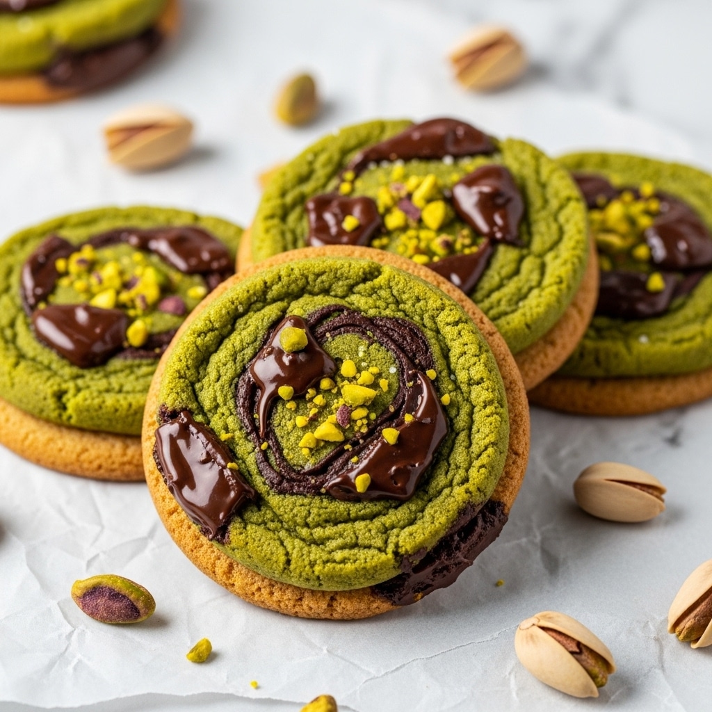 The image shows a close-up of four round cookies stacked slightly overlapping on a white marbled surface, each cookie having two visible layers: a golden-brown outer edge and a textured green interior. The green part has dark brown, glossy melted chocolate chunks swirled within, creating a marbled pattern. The cookies are sprinkled with small crushed yellow-green pistachio pieces, and whole pistachios are scattered around them. The surface they rest on looks like a sheet of parchment paper with slightly crinkled texture. photo taken with an iphone --ar 4:5 --v 7