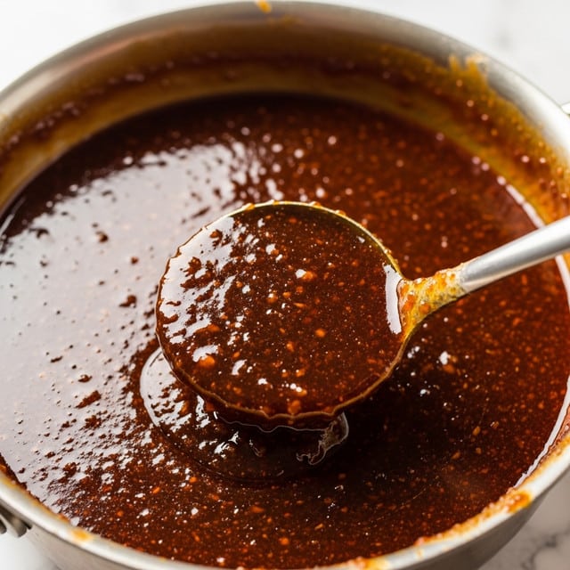 The image shows a close-up of a shiny, thick, dark brown sauce with a slightly textured surface inside a pot. The sauce has an oily sheen and small bits mixed within it, giving it a rich, sticky appearance. A shiny metal ladle is dipping into the sauce, lifting a portion that looks thick and glossy, with amber highlights reflecting light. The pot's edge is slightly visible with a light coating of the sauce around it. The overall scene is focused on the sauce's glossy texture and deep color, with a white marbled texture as the background. photo taken with an iphone --ar 4:5 --v 7