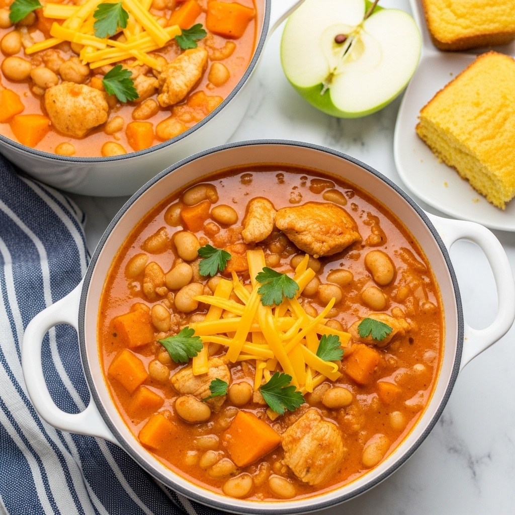 Two white pots filled with thick stew sit on a white marbled surface. The stew has a creamy orange color with visible large chunks of light brown chicken, white beans, and orange sweet potatoes mixed in. On top, thin strips of shredded orange cheese and small pieces of green parsley are scattered, adding contrast to the dish. One pot is closer to the camera on a blue and white striped cloth, while the second pot is slightly blurred in the background. Nearby, half of a green apple and a piece of yellow cornbread can be seen. photo taken with an iphone --ar 4:5 --v 7