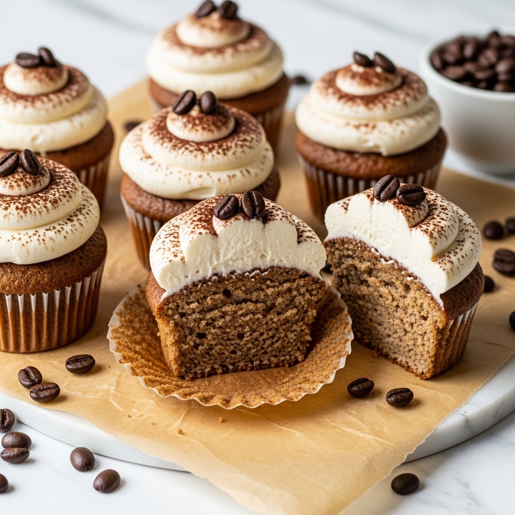 The image shows several coffee-flavored cupcakes arranged on a piece of brown parchment paper over a white marbled surface. Each cupcake has one thick layer of light brown cake with a moist, crumbly texture. On top of the cake, there is a hefty layer of smooth, creamy, off-white frosting with a swirl pattern dusted lightly with cocoa powder. One cupcake is cut in half, showing the airy texture of the cake and the thick frosting atop, decorated with two whole coffee beans. Scattered coffee beans are placed around the cupcakes, and a small white bowl filled with coffee beans is visible in the upper right corner. photo taken with an iphone --ar 4:5 --v 7