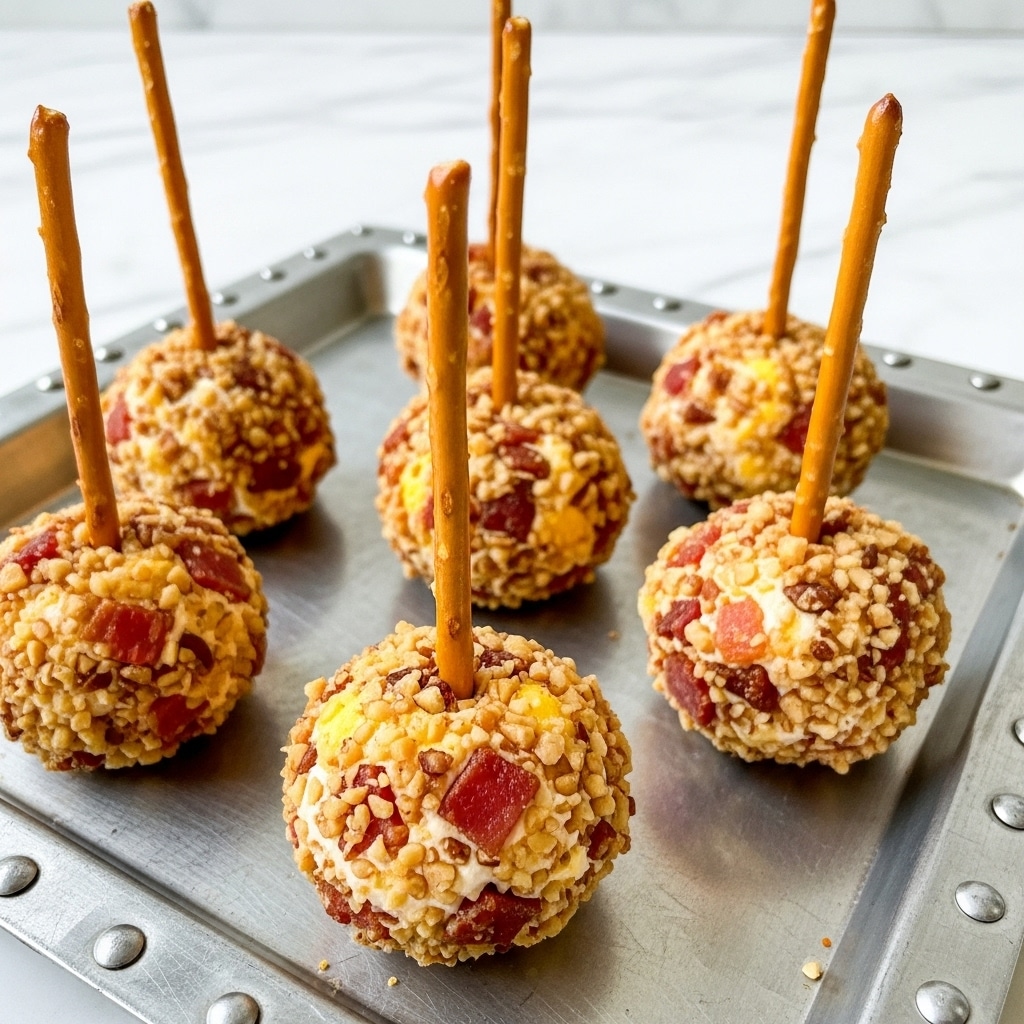 The image shows small round cheese balls covered with a mix of chopped nuts and bits of bacon, giving a textured yellow, brown, and pink exterior. Each cheese ball is pierced with a thin, long pretzel stick that stands upright in the center. The cheese ball itself looks creamy with visible small chunks of bacon and nuts embedded throughout. The cheese balls are placed on a silver metal tray with rivet details, and the background is a white marbled surface. Photo taken with an iphone --ar 4:5 --v 7
