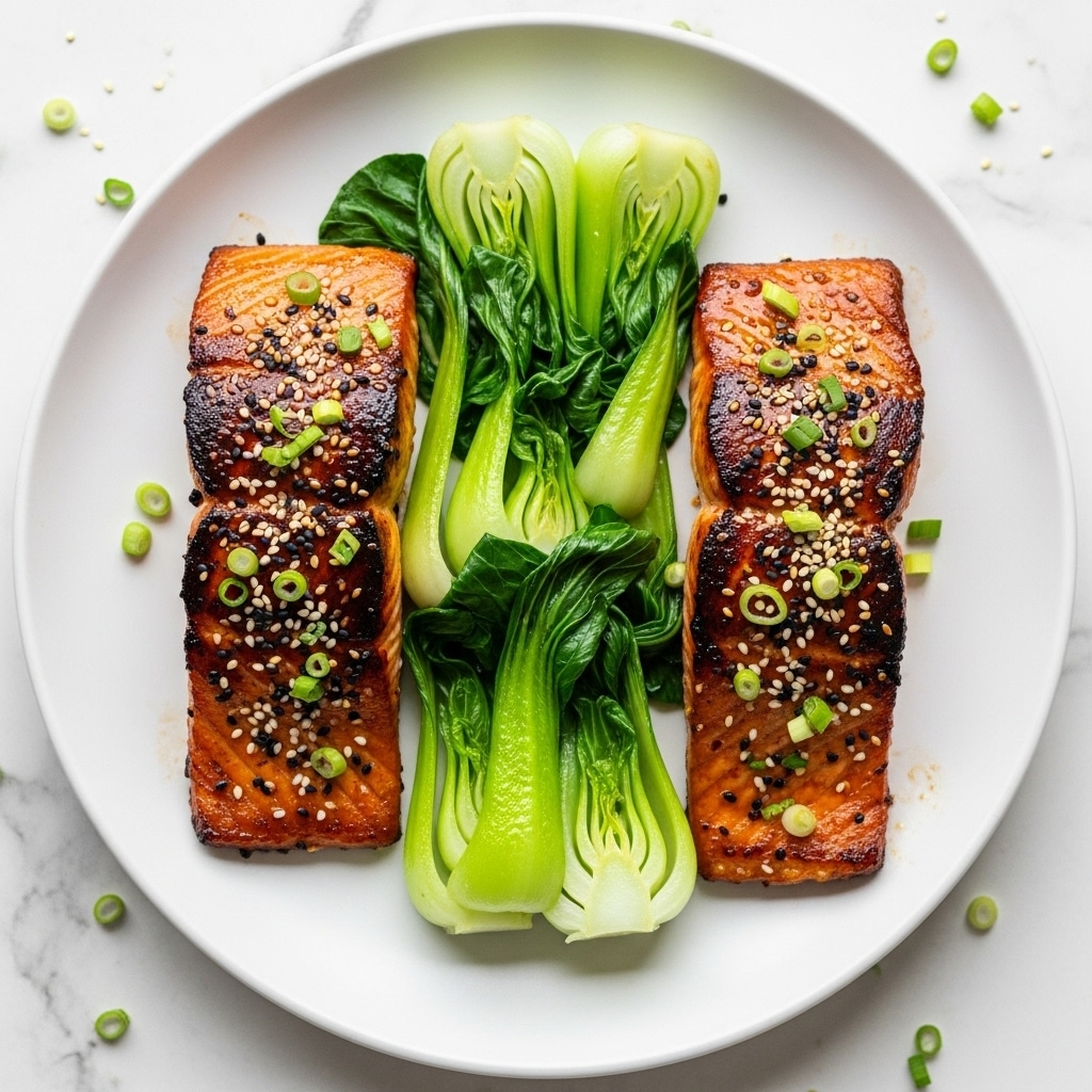 Two grilled salmon fillets with a shiny, dark brown caramelized surface topped with scattered black and white sesame seeds and chopped green onions, lying side by side on the left and right edges of a white plate. Between them, a bed of bright green, slightly glossy steamed bok choy with softened leaves and stalks forms the third middle layer. The plate rests on a white marbled surface, with tiny pieces of chopped green onion and sesame seeds scattered around. Photo taken with an iphone --ar 4:5 --v 7