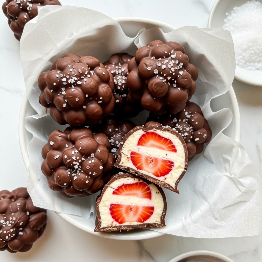 The image shows a white bowl lined with white parchment paper holding several clusters of chocolate-covered treats. Each cluster has a rough, bumpy surface with a shiny dark brown chocolate coating sprinkled lightly with coarse salt crystals. One cluster is cut in half, revealing three layers inside: a smooth outer chocolate shell, a creamy white filling mixed with bright red strawberry pieces, and the soft red strawberry at the center. The bowl is placed on a white marbled surface, with another piece of chocolate cluster and part of a white dish filled with salt visible around it. photo taken with an iphone --ar 4:5 --v 7
