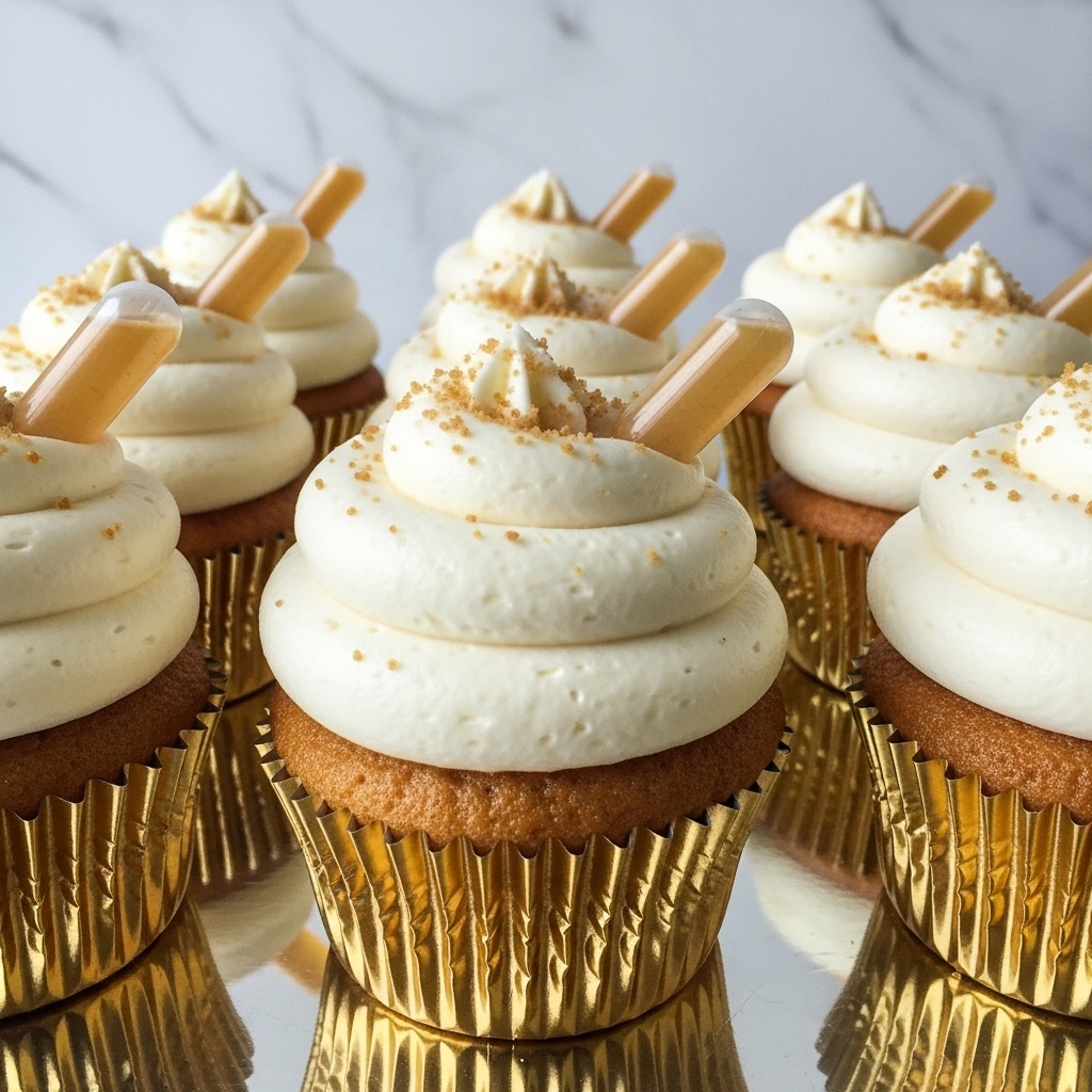 The image shows a close-up of several cupcakes arranged in rows. Each cupcake has one visible base layer that is golden brown and wrapped in a shiny gold foil liner. On top, there is a thick swirl of smooth white frosting, which is piped in a circular motion, creating a soft, creamy texture. Light brown crumbs or sprinkles are scattered lightly on the frosting. A small, beige-colored tube or dropper is inserted diagonally into the frosting on each cupcake, adding a unique detail. The cupcakes sit on a shiny reflective surface against a white marbled texture background. Photo taken with an iphone --ar 4:5 --v 7