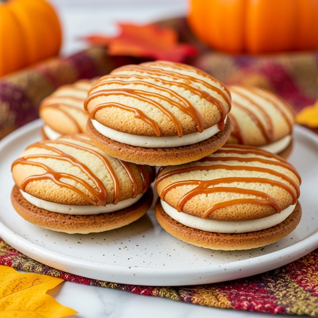 The image shows a close-up view of soft, round sandwich cookies stacked on a white plate with a slightly rough texture. Each cookie has two thick, golden-brown layers with a smooth, creamy white filling in the middle. The top cookie layer is decorated with thin, glossy caramel drizzles in curved lines. The cookies are placed on a festive, colorful cloth with autumn leaves and a blurred pumpkin in the background, all set on a white marbled surface. photo taken with an iphone --ar 4:5 --v 7