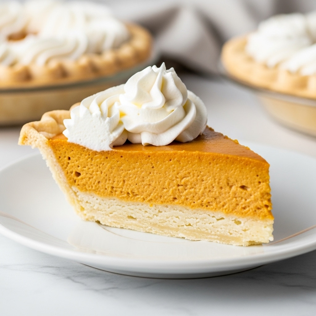 A close-up image of a pumpkin pie with a thick orange-brown filling sitting in a white pie dish. The pie crust is golden brown with a flaky texture and crimped edges. On top of the filling, five large dollops of whipped cream are placed evenly, each topped lightly with a dusting of brown spice, possibly cinnamon or nutmeg. The pie rests on a white marbled surface, creating a clean and bright background. photo taken with an iphone --ar 4:5 --v 7