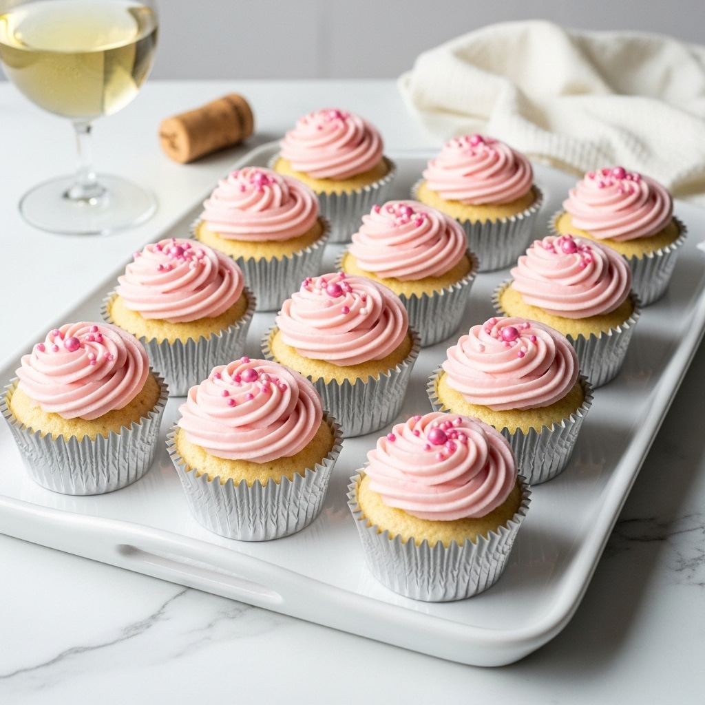 A white rectangular tray holds ten vanilla cupcakes, each topped with a single swirl of light pink frosting that has a smooth and creamy texture. The frosting is decorated with small, shiny pink pearl-like sprinkles scattered lightly on top. The cupcakes sit in shiny silver paper liners, contrasting softly with the pale beige cake underneath. The tray is placed on a white marbled surface, near a glass of white wine and a cork, adding a subtle festive feel to the setting. photo taken with an iphone --ar 4:5 --v 7