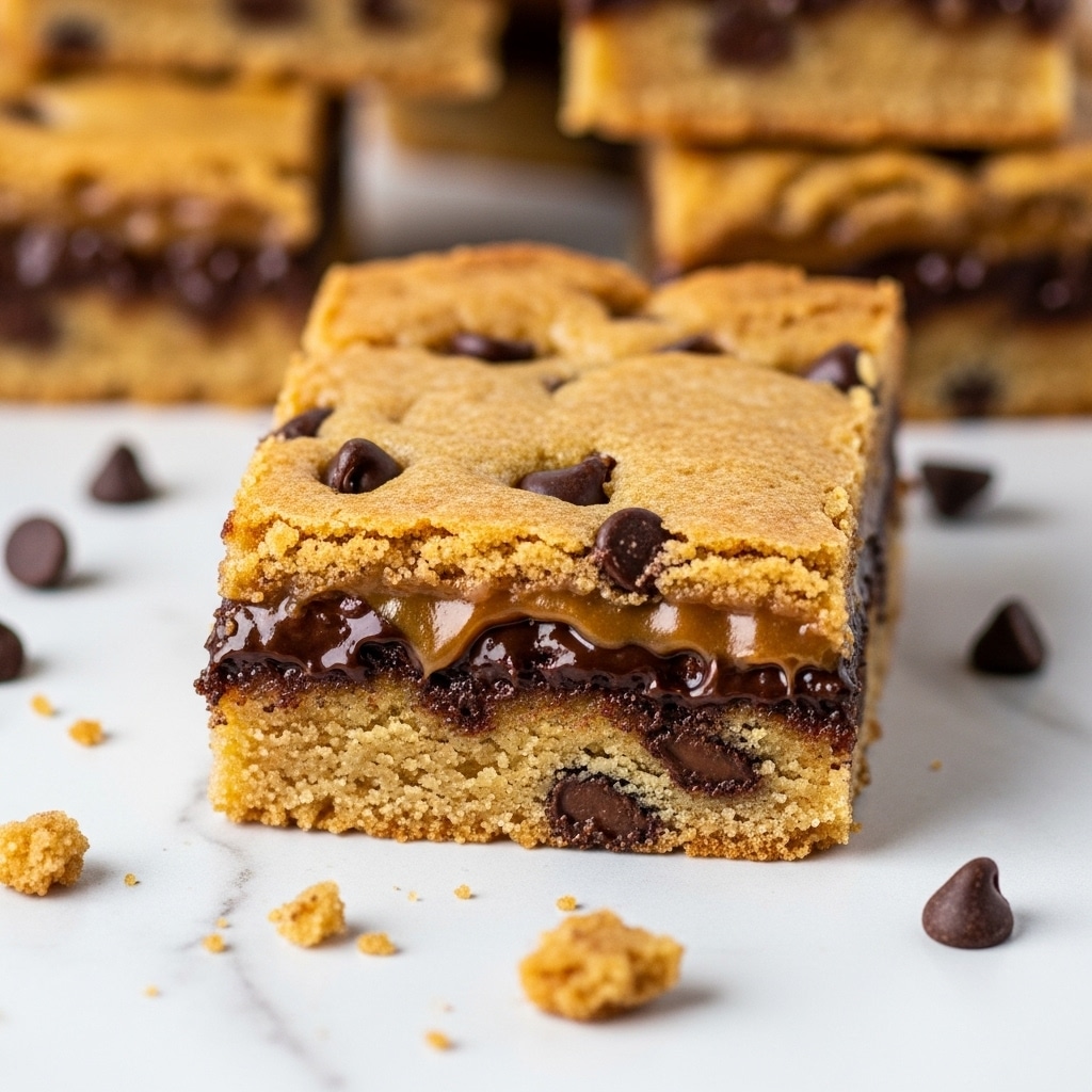 A close-up of a square chocolate chip blondie lying on a white marbled surface, showing three visible layers: a golden brown crispy top with a slightly cracked texture, a gooey caramel and melted chocolate middle layer that looks rich and sticky, and a lighter, soft cookie-like base dotted with dark chocolate chips. Around the blondie, a few crumbs and loose chocolate chips are scattered, adding to the casual, fresh-baked feel. In the background, other pieces are blurred but similarly textured. photo taken with an iphone --ar 4:5 --v 7