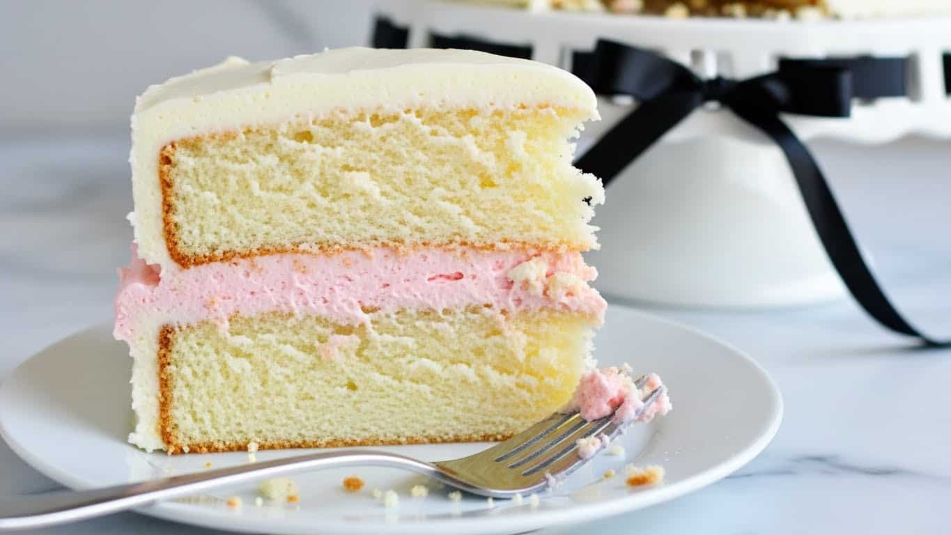 A slice of three-layer white cake on a white plate, each cake layer is soft and light beige with two middle layers of smooth pale pink frosting, the frosting also covers the side. The slice shows a small bite taken out, with crumbs and some pink frosting bits on the plate. A silver fork lies in front of the slice with traces of pink frosting on it. The background features a soft gray fabric on a white marbled surface, and a white cake stand with black ribbon detail is partly visible. Photo taken with an iphone --ar 4:5 --v 7