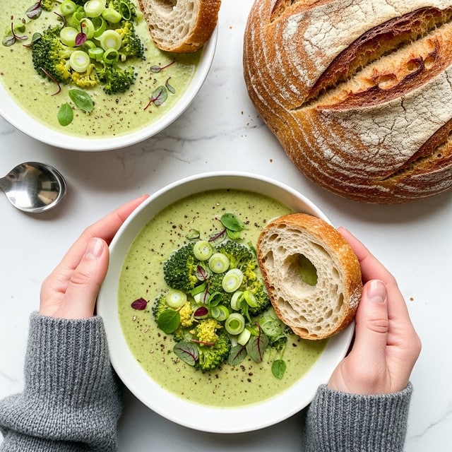 A close-up of a thick creamy soup in a white bowl, with a light green color speckled with black pepper. On top, there are several thinly sliced green onion rings and small bright green herb leaves scattered around, adding color contrast. A piece of crusty brown bread with a rough texture is partly dipped into the soup on the right side. The bowl is being held by two woman's hands wearing a brown knitted sweater. In the background, there is another white bowl with the same soup and a piece of bread, placed on a white marbled surface. photo taken with an iphone --ar 4:5 --v 7