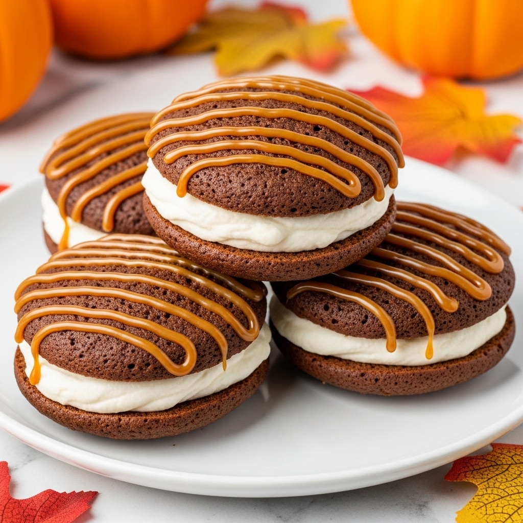 The image shows four whoopie pies stacked on a white plate, each made of two soft, round brown cake layers with a moist texture. Between the cake layers is a thick layer of smooth white cream, which looks fluffy and fresh. On top of each whoopie pie, light brown caramel sauce is drizzled in neat, curved lines creating a glossy shine. The background includes hints of autumn colors like orange pumpkin shapes and warm-toned leaves, all set on a white marbled texture. photo taken with an iphone --ar 4:5 --v 7