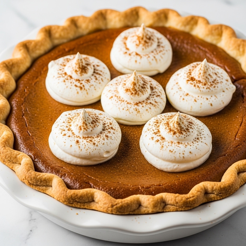 A close-up image of a single slice of pumpkin pie on a white plate, set on a white marbled surface. The pie has two layers: a thick, smooth, orange pumpkin filling that fills most of the slice and a light beige, flaky crust with a decorative, crimped edge. On top of the pumpkin filling is a generous swirl of white whipped cream with a soft, fluffy texture. The background is softly blurred, showing another pie and a light cloth, keeping the focus on the pie slice. Photo taken with an iphone --ar 4:5 --v 7