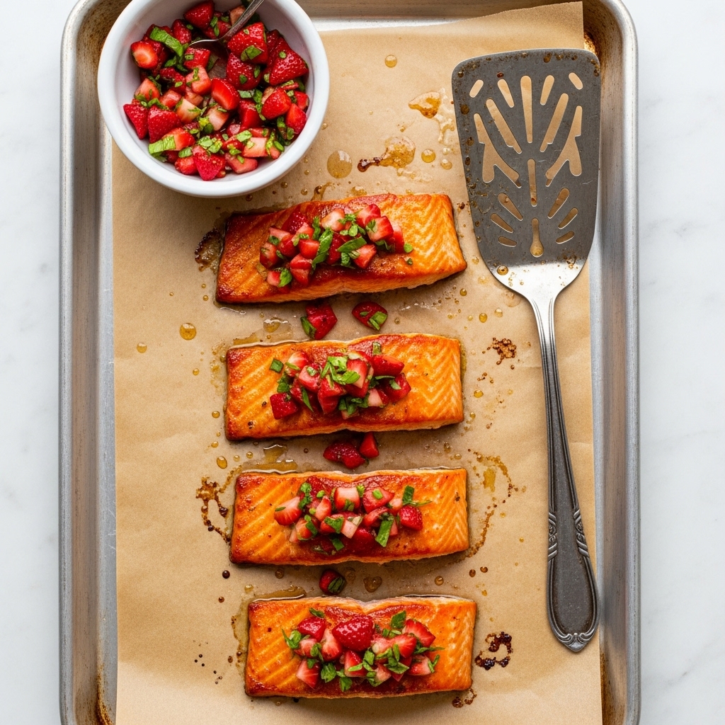 Four pieces of cooked salmon with a rich orange color and slightly crispy edges are placed in a vertical line on brown parchment paper set on a metal baking tray. Each salmon piece is topped with a bright red and green salsa made of small chopped strawberries and herbs. To the upper left of the tray, there is a small white bowl filled with the same colorful salsa. On the right side of the tray, a vintage metal spatula with intricate cut-out designs rests, slightly stained from the cooking. The tray is set on a white marbled surface. photo taken with an iphone --ar 4:5 --v 7