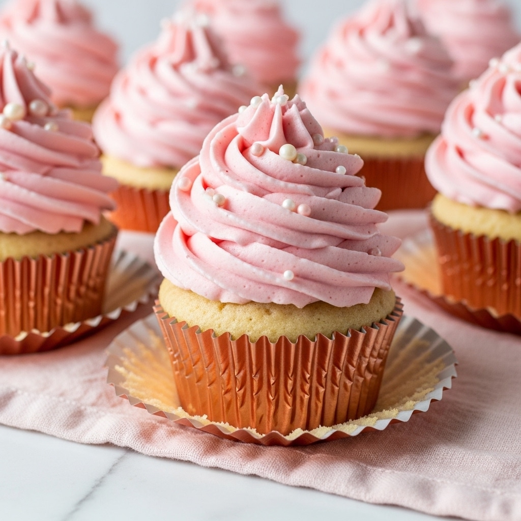 The image shows multiple cupcakes with a single thick layer of light beige cake at the bottom, each topped with a tall, swirled layer of soft pink frosting that looks creamy and smooth. The frosting is decorated with small pearl-like sprinkles scattered on top, adding a delicate touch. Each cupcake is wrapped in shiny rose gold metallic liners, and they rest on a soft, light pink cloth over a white marbled surface. The focus is on the front cupcake, with others softly blurred in the background for depth. Photo taken with an iphone --ar 4:5 --v 7