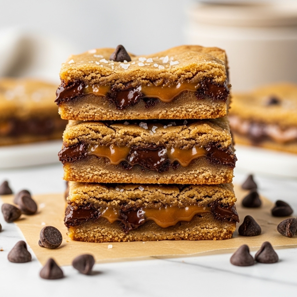 A close-up image of three stacked cookie bars with visible layers; the top and bottom layers are golden brown and slightly crispy cookie crusts, while the middle layer is gooey and caramel-colored with melted chocolate chips inside. The cookie bars show a slightly crumbly, soft texture around the edges and are sprinkled lightly with coarse salt on top. Around the stack, there are loose chocolate chips scattered on a light brown parchment, all set on a white marbled surface. In the background, there is a blurred beige bowl adding depth to the image. Photo taken with an iphone --ar 4:5 --v 7