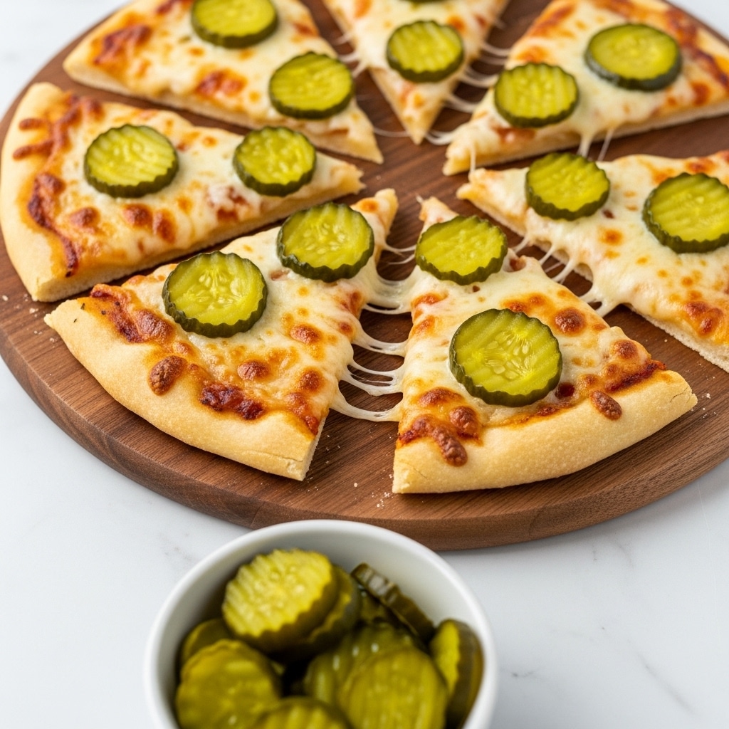 The image shows a pizza cut into slices on a round wooden board. The pizza has a light golden brown crust as the base layer, topped with a generous layer of melted, slightly browned cheese. On top of the cheese, there are round green pickle slices evenly spread across each slice. The texture of the cheese looks creamy and gooey, with some browned spots creating a contrast with the pale cheese underneath. In the foreground, there is a white bowl filled with extra pickle slices, and the whole scene is set on a white marbled surface. photo taken with an iphone --ar 4:5 --v 7