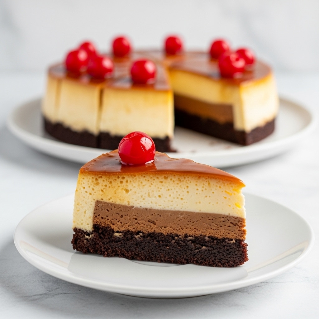 The image shows a slice of layered dessert on a white plate with a white marbled textured background. The dessert has three layers; the bottom layer is dark brown and looks moist and dense, the middle layer is light cream colored with a smooth, creamy texture, and the top layer is a thin, shiny caramel glaze topped with a bright red cherry. The whole cake, which has more slices, is visible in the blurred background resting on a white plate. Photo taken with an iphone --ar 4:5 --v 7