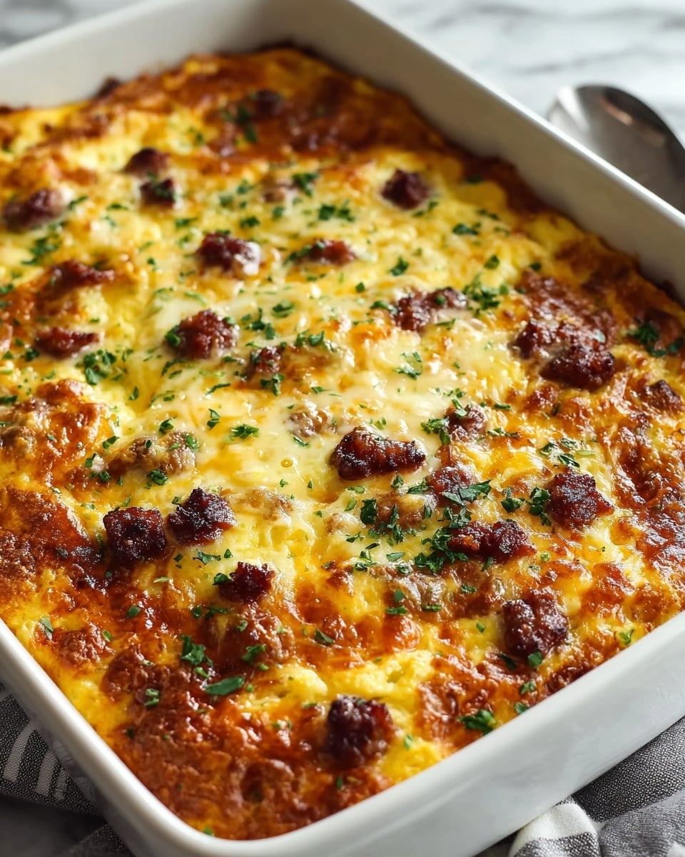 A close-up of a baked casserole in a white rectangular dish, showing a golden-brown top layer with melted cheese and crispy browned bits of sausage scattered evenly across the surface. The cheese looks gooey and bubbly with some browned spots, and the sausage pieces are dark reddish-brown, adding texture contrast. Small green parsley flakes are sprinkled all over as garnish, adding a fresh pop of color. The dish sits on a white marbled surface with a grey and white striped cloth partially visible beneath it. Photo taken with an iphone --ar 4:5 --v 7