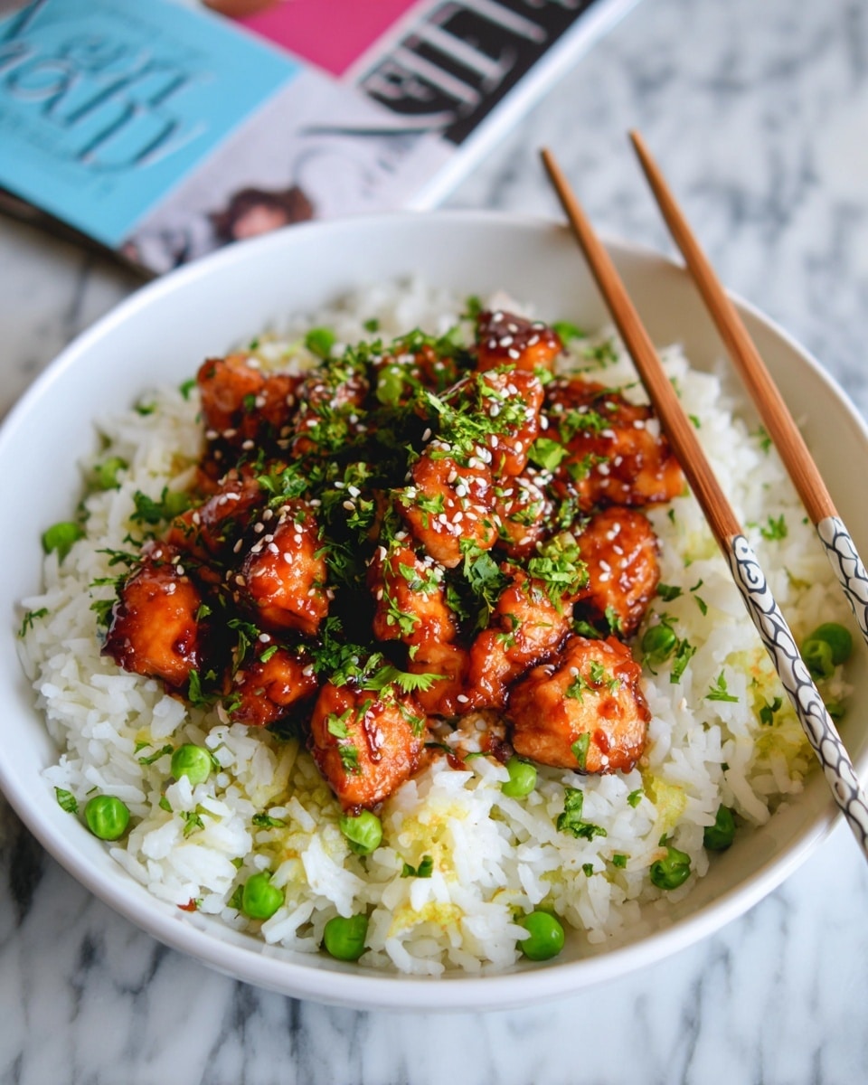 A white bowl holds a serving of white rice mixed with small green peas and bits of yellow egg, forming the base layer. On top, there are pieces of reddish-brown glazed chicken scattered evenly, covered with green chopped herbs and sprinkled with white sesame seeds. To the right side of the bowl, a pair of light brown chopsticks with gray patterns near the tips rest on the edge. The bowl sits on a white marbled surface with a blurred magazine partially visible in the background. photo taken with an iphone --ar 4:5 --v 7