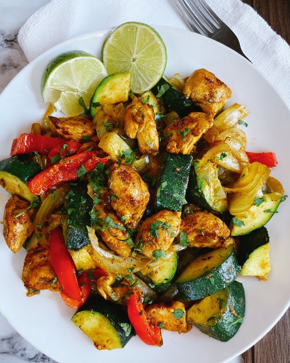 A white plate is filled with a colorful mix of cooked vegetables and chicken pieces. There are about three main layers, the bottom layer has chunky green zucchini, around 2-3 cm cut pieces with glossy skin. The chicken pieces are golden brown and well-cooked, seen all over in irregular shapes throughout the dish. Bright red bell pepper slices and light brown onion chunks add color between the chicken and zucchini. Two lime wedges sit on the edge of the plate on opposite sides. The entire dish is sprinkled lightly with chopped green herbs, adding small green dots on top. A white marbled surface holds the plate, with part of a white napkin and a silver fork visible next to it. Photo taken with an iphone --ar 4:5 --v 7