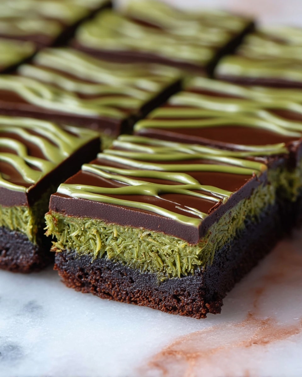 The image shows a close-up of a square dessert cut into smaller squares. It has three visible layers: the bottom layer is dark brown and looks like a dense brownie; the middle layer is green with a shredded texture, resembling shredded coconut or matcha-flavored filling; the top layer is smooth dark chocolate with a glossy finish, decorated with wavy green icing spread evenly over the surface. The dessert rests on a white marbled surface. photo taken with an iphone --ar 4:5 --v 7