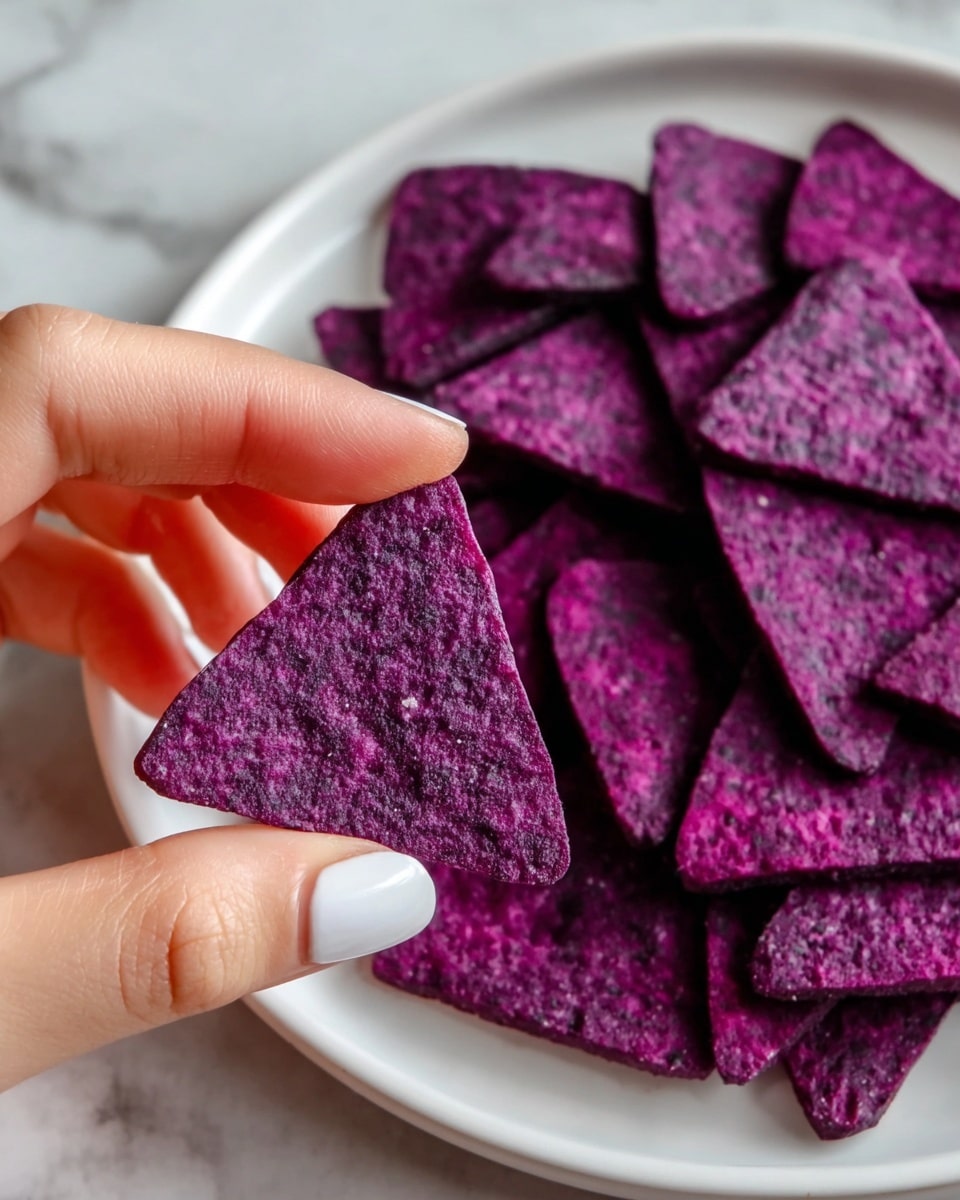 A close-up image shows a woman's hand holding a single deep purple triangle chip with a rough, bumpy texture. The chip is held above a white plate filled with many more chips of the same size, shape, and color, layered randomly on the plate. The white plate sits on a white marbled surface, adding a clean and bright background that makes the purple chips stand out. photo taken with an iphone --ar 4:5 --v 7