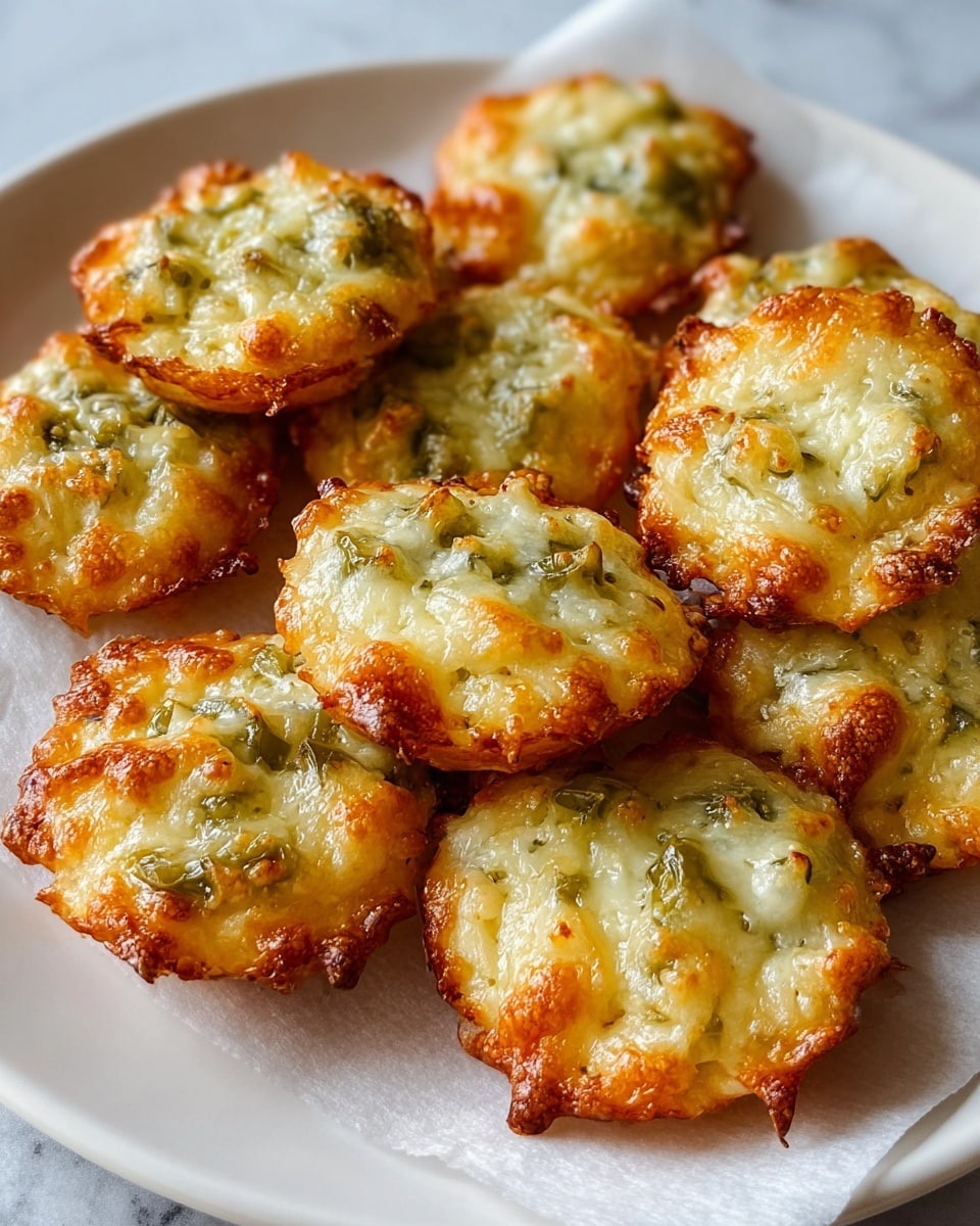A white plate holds about nine small, round cheese bites that each have a crispy, golden-brown edge with bubbly, melted cheese on top. The cheese is light yellow with pockets of green pieces that look like jalapeños mixed in, covering the top layer and melting into the base, which is slightly darker and has a crunchy texture. The cheese bites sit close together on a piece of parchment paper on a white marbled texture surface. The light highlights the shiny, bubbly melted cheese and browned edges, showing their rough and slightly uneven shape. photo taken with an iphone --ar 4:5 --v 7