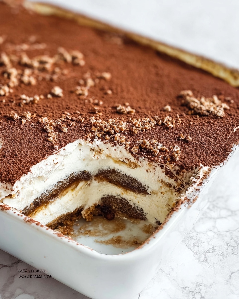 A close-up of a white rectangular glass dish with a layered dessert inside, showing a thick top layer of smooth, dark brown cocoa powder with small crumbly bits scattered on it. Beneath the cocoa layer, there are alternating layers of creamy white and light beige soaked cake, with the creamy layers appearing thick and fluffy, and the soaked cake layers soft and moist. One corner is scooped out revealing these distinct layers clearly, and some cocoa powder dust is visible on the inside edge of the dish. The dish sits on a white marbled surface with soft natural light. photo taken with an iphone --ar 4:5 --v 7