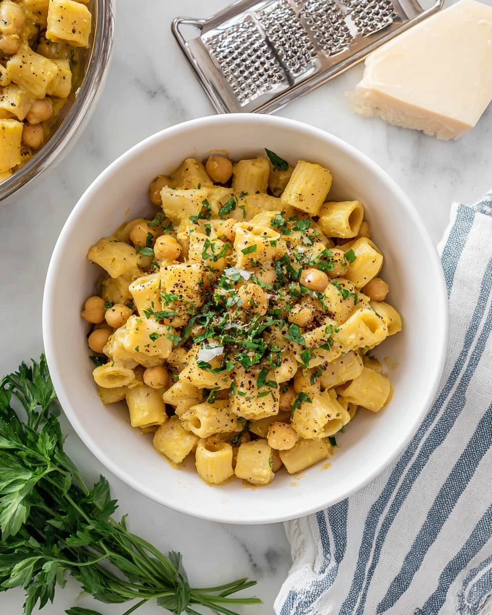 The dish is served in a white bowl filled with small tube-shaped pasta mixed with chickpeas, all coated in a light yellow sauce. On top, there is a garnish of chopped green herbs scattered evenly, and a sprinkle of black pepper adds texture. The bowl sits on a white marbled surface with some fresh green herbs and a white cheese block on a metal grater nearby. A softly striped cloth in blue and white lies beside the bowl, completing the clean and fresh setting. photo taken with an iphone --ar 4:5 --v 7