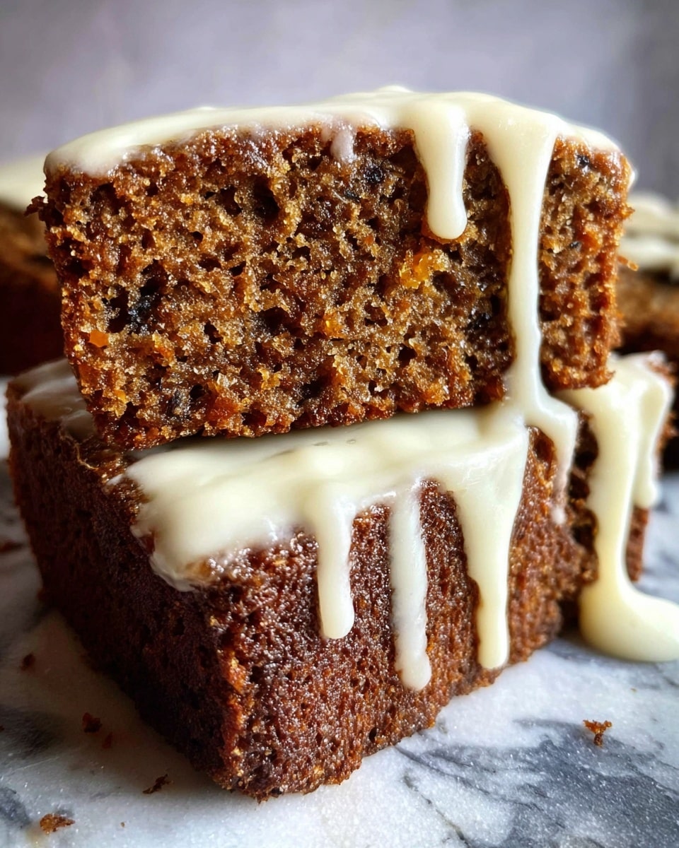 Two slices of dense, moist brown cake with a rough texture are stacked closely. Each slice has a thick layer of creamy white icing dripping over the top and flowing down the sides, creating smooth, glossy trails. The cake's crumb shows small holes and pieces of dark ingredients inside. The slices rest on a surface with a white marbled texture. Photo taken with an iphone --ar 4:5 --v 7