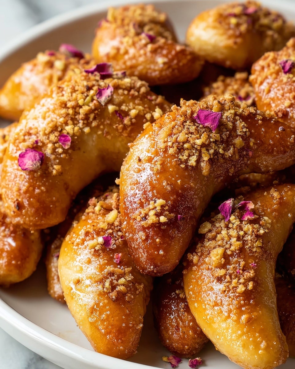 A close-up of a white plate filled with golden-brown crescent-shaped pastries neatly arranged and slightly overlapping. Each pastry is smooth and shiny with a glazed, caramel-like surface and lightly sprinkled with small bits of finely crushed nuts, mainly concentrated on one rounded end. There are tiny pink rose petal flakes scattered gently over the pastries, adding a delicate touch of color. The pastries have a soft but firm texture with slight cracks and a light gloss reflecting soft natural light. The background is a white marbled texture. photo taken with an iphone --ar 4:5 --v 7