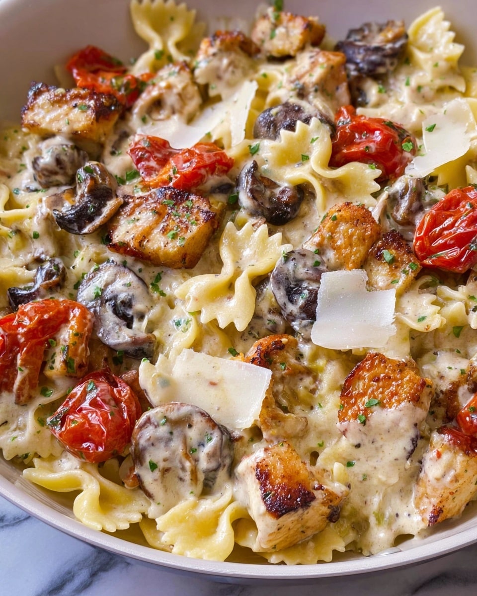 This image shows a close-up of a pasta dish in a white pan. The dish has three main layers: at the bottom, bowtie pasta with a pale yellow color and smooth texture is spread out; the middle layer includes pieces of browned chicken, roasted red tomatoes, and sliced mushrooms, giving a mix of dark brown, red, and light gray colors with a slightly crispy look; the top layer has a creamy white sauce coating the pasta and toppings, sprinkled with thin, off-white cheese shavings and small green herb bits. The dish looks rich, creamy, and colorful. The background is a white marbled texture. photo taken with an iphone --ar 4:5 --v 7