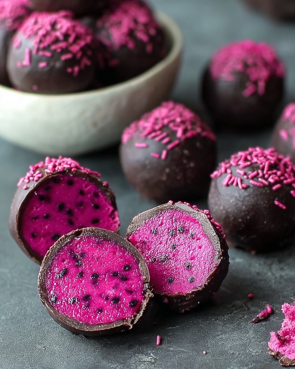 The image shows several round truffles with a bright pink center speckled with tiny black dots, resembling dragon fruit flesh. The outer layer of these truffles is a smooth dark chocolate shell decorated with small pink sprinkles, creating texture on the surface. Two of the truffles are cut open or bitten into, revealing the thick pink interior contrasted by the thin dark chocolate coating. Some whole truffles are slightly out of focus in the background, arranged loosely on a dark surface, with part of a white bowl holding more truffles visible on the left side. The overall setting is simple, emphasizing the vivid pink and dark brown colors of the truffles. photo taken with an iphone --ar 4:5 --v 7