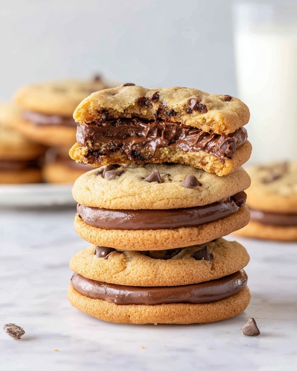 A stack of three thick chocolate chip cookie sandwiches is shown on a white marbled surface, with the top sandwich bitten to reveal a thick, dark chocolate filling inside. Each sandwich has two golden brown cookies with visible chocolate chips on top, sandwiching a smooth layer of rich, dark chocolate cream. The cookies have a slightly chewy texture with some crunch around the edges. In the blurry background, a glass of milk and more cookie sandwiches are visible on a white plate. photo taken with an iphone --ar 4:5 --v 7