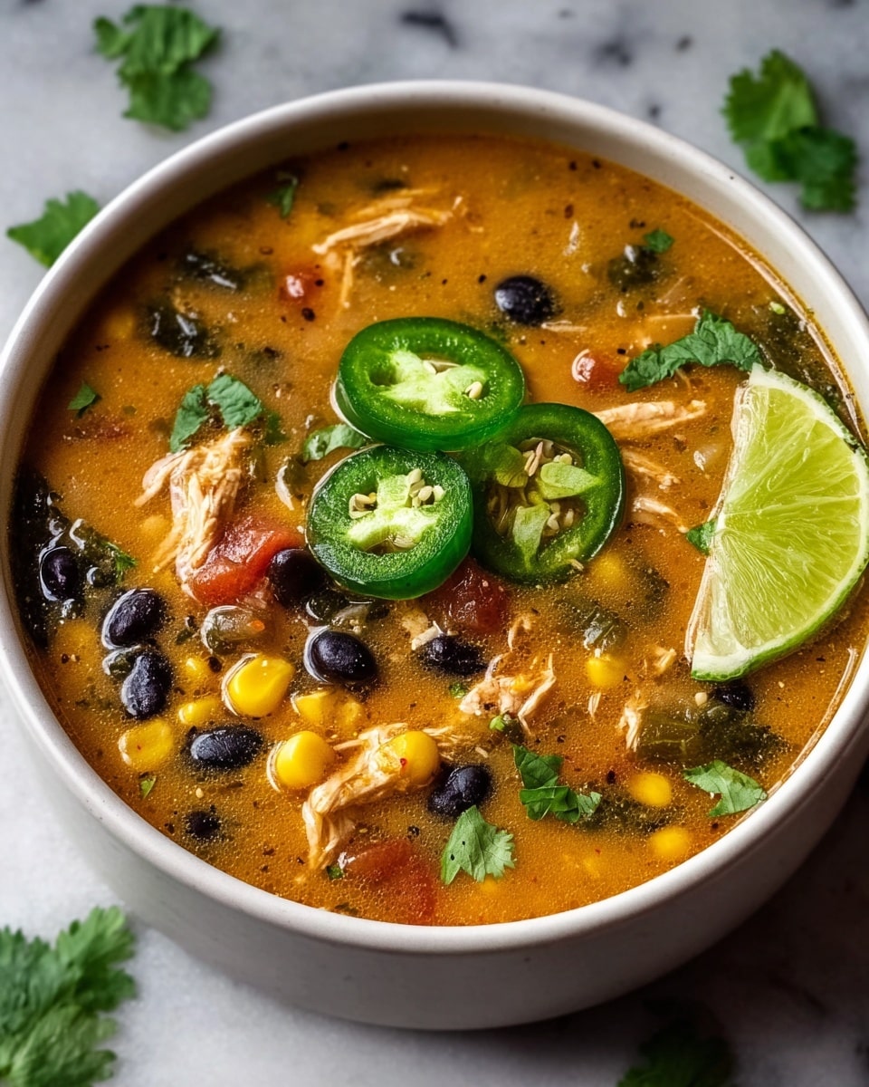 The image shows a bowl of rich, orange-brown soup filled with several visible layers of ingredients: bright yellow corn kernels, dark black beans, shredded white chicken, and small chopped red tomatoes mixed evenly throughout the broth. On top, there are two slices of fresh green jalapeño with visible seeds, a lime wedge resting on one side, and a few sprigs of green cilantro scattered around as garnish. The bowl is white, resting on a surface with a white marbled texture, creating a clean and fresh look. photo taken with an iphone --ar 4:5 --v 7