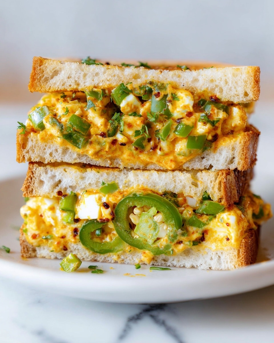 The image shows two thick slices of toast stacked on a white plate, set on a white marbled surface. Each slice has three main layers: the bottom is light brown toasted bread with a soft texture; the middle is a vibrant green layer of sliced jalapeños and chopped celery; and the top layer is a creamy, orange spread mixed with chunks of white boiled egg and bits of green herbs, slightly browned on top from toasting. Photo taken with an iphone --ar 4:5 --v 7