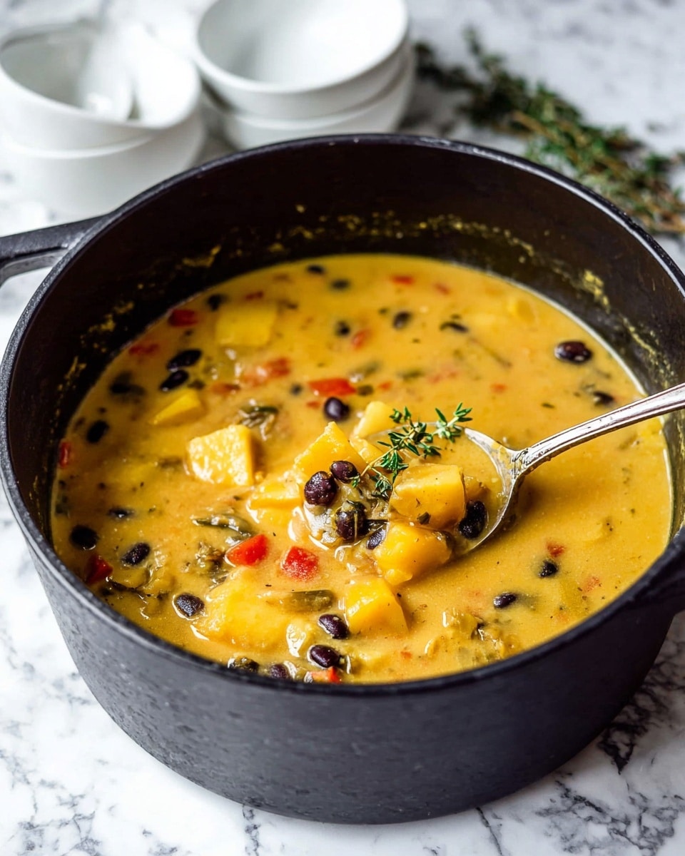 A black pot filled with a thick, creamy yellow soup that has chunks of yellow squash and potatoes, scattered black beans, and small pieces of red bell pepper. A silver spoon rests on the right side, partially submerged, scooping up some of the soup with chunks of vegetables and beans. A sprig of green thyme floats on the surface near the center. The pot sits on a white marbled surface with two stacked white bowls and a sprig of thyme blurred in the background. Photo taken with an iphone --ar 4:5 --v 7