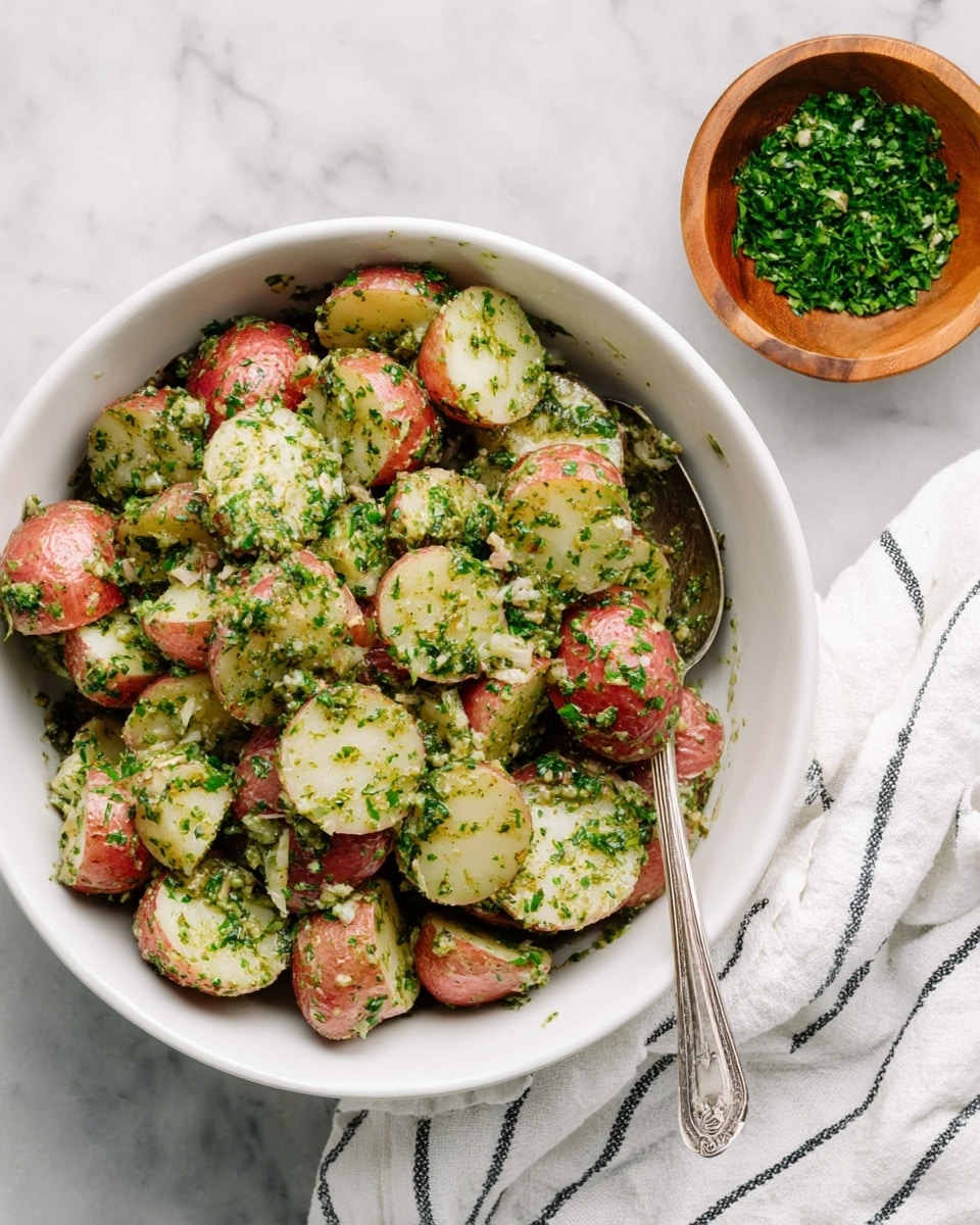 The image shows a white bowl filled with potato salad made of red-skinned potatoes cut into halves and quarters, coated with a green herb dressing that includes visible chopped parsley and garlic. The potatoes have a soft white inside and a reddish outside skin, covered evenly with the green sauce. A silver spoon with detailed engraving rests inside the bowl on the right side. Above the bowl, a small wooden bowl filled with finely chopped green herbs sits on a white marbled surface. A white cloth with thin black stripes is placed near the bowl on the right side. photo taken with an iphone --ar 4:5 --v 7