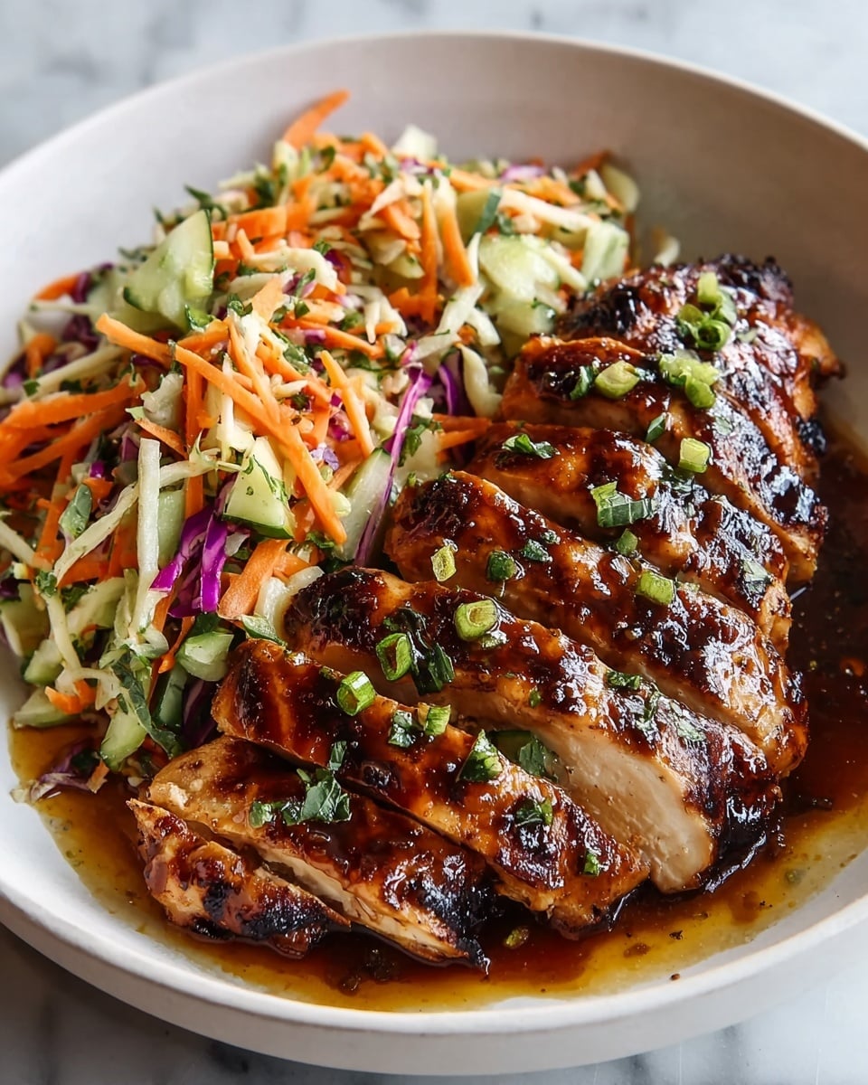 A white bowl holds a dish with two main parts: on the left, several thick slices of grilled chicken breast with a shiny, dark brown glaze and grill marks, topped with small pieces of chopped green herbs, arranged in a slightly overlapping row; on the right, a colorful slaw mix made of thinly shredded orange carrots, green cucumbers, purple cabbage, and bits of white, all mixed together with small green herb pieces, sitting next to the chicken with some sauce pooling underneath both parts, all placed on a white marbled surface. photo taken with an iphone --ar 4:5 --v 7