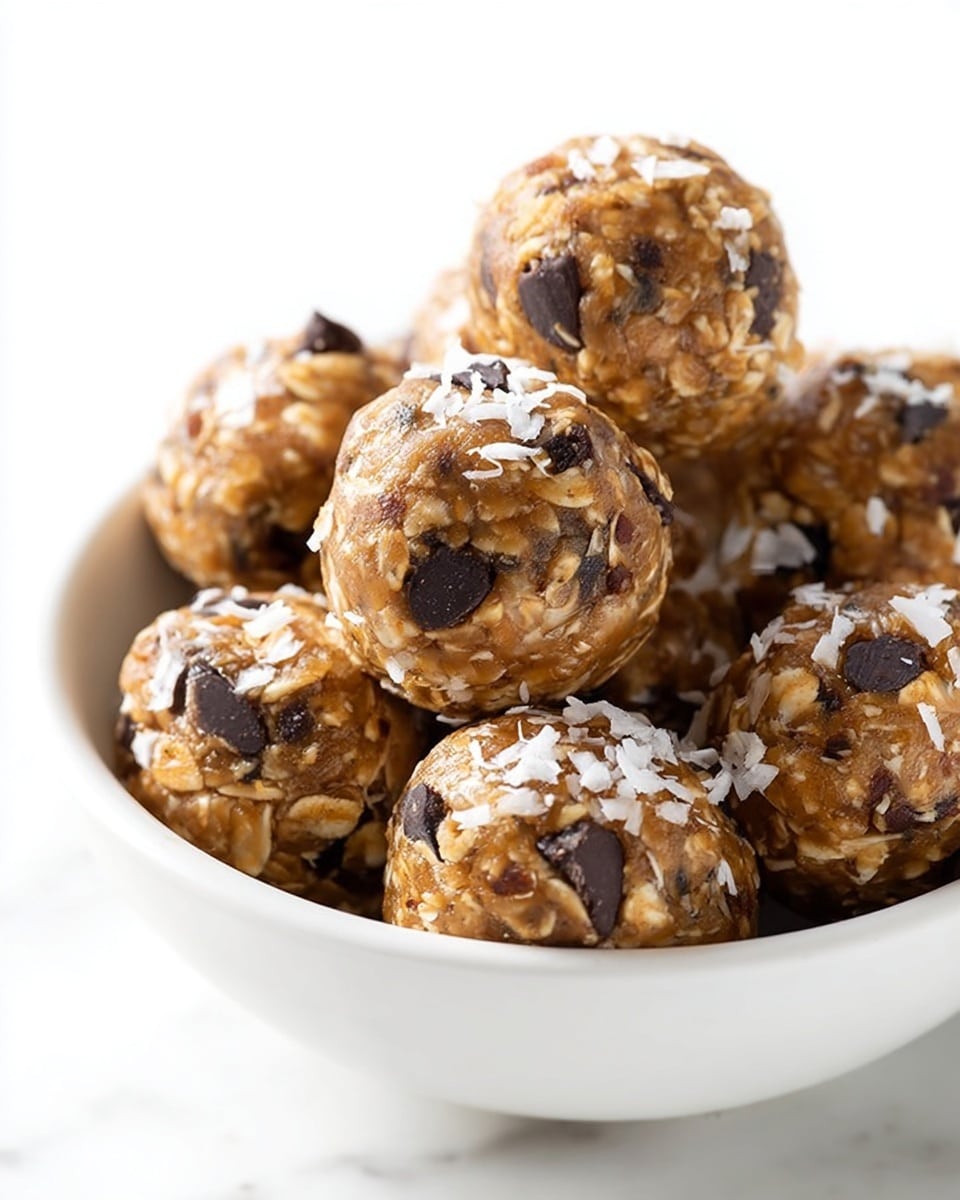 A close-up view of a white bowl filled with multiple round energy bites made with oats, dark brown chocolate chips, and sprinkled with white shredded coconut on top. Each bite shows a rough texture with visible chunks of oats and chocolate pieces embedded in a light brown mixture, stacked closely in the bowl. The scene sits on a white marbled surface, with bright lighting highlighting the different textures and colors of the bites. Photo taken with an iphone --ar 4:5 --v 7